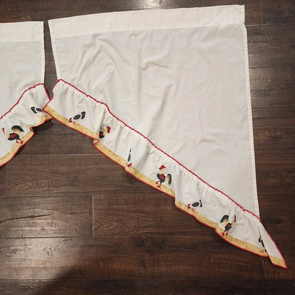 Rooster Chicken Embroidered Ruffle Swag Kitchen Curtains Country Farmhouse Decor